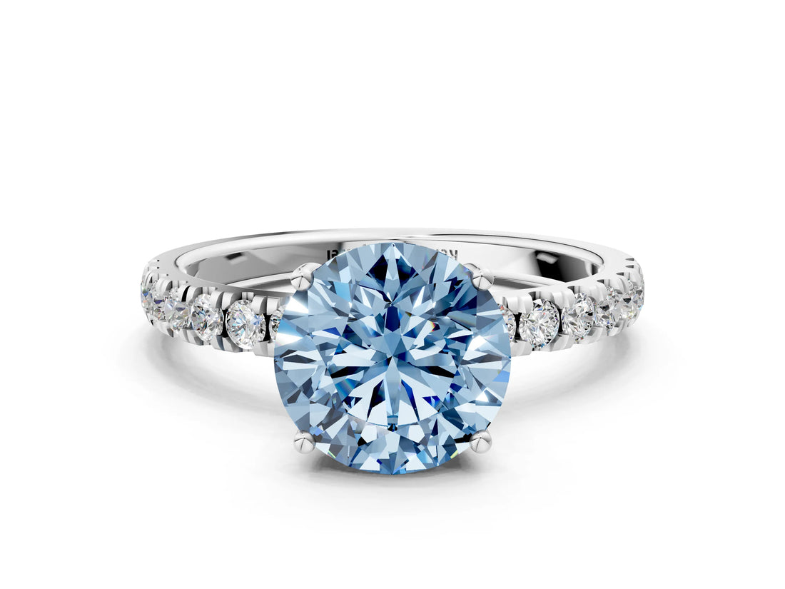 White gold Fancy Blue Round Cut Diamond Pave Band Solitaire Ring with Round  and Prong Setting_129