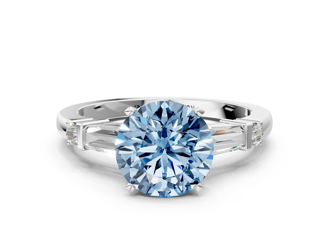 White gold Fancy Blue Round  Cut Diamond Ring with Baguette Side Stones, Channel Set Band, and Four-Prong Setting_3