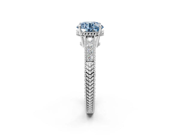 White gold Fancy Blue Round Cut Diamond Ring with Milgrain Pavé Band and Four-Prong Setting