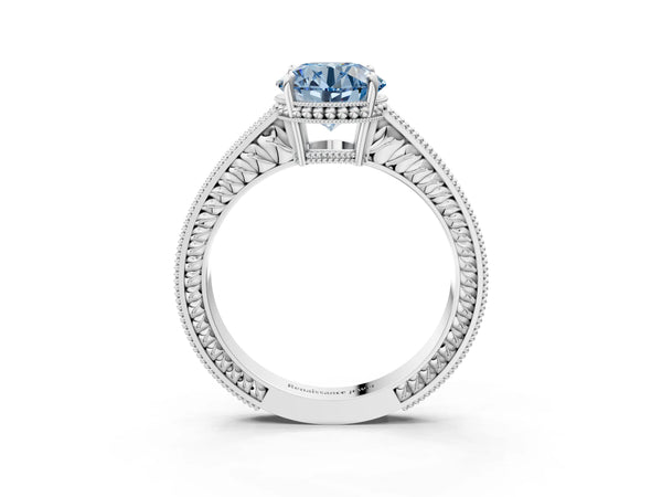 White gold Fancy Blue Round Cut Diamond Ring with Milgrain Pavé Band and Four-Prong Setting