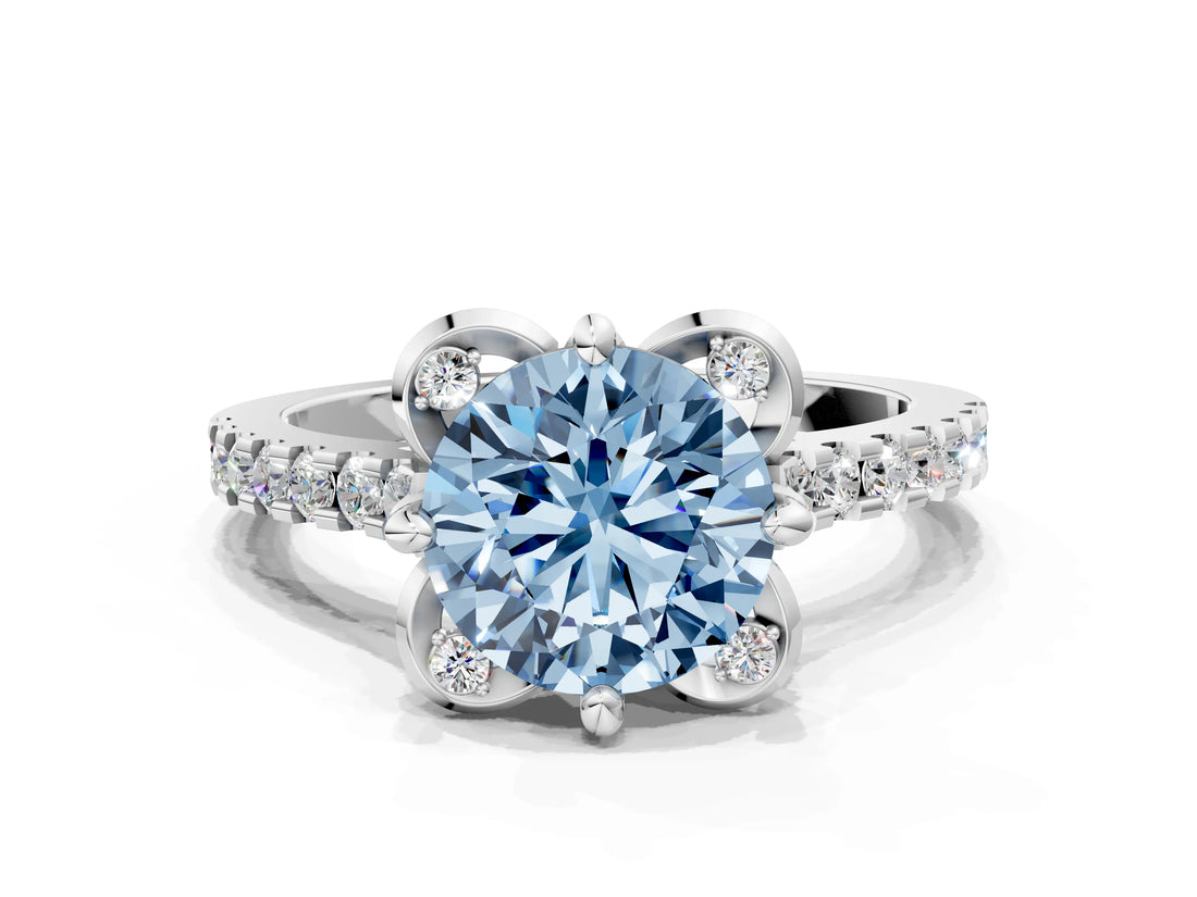 White gold Fancy Blue Round Cut Diamond Ring with Pavé Band and Floral Prong Setting_39