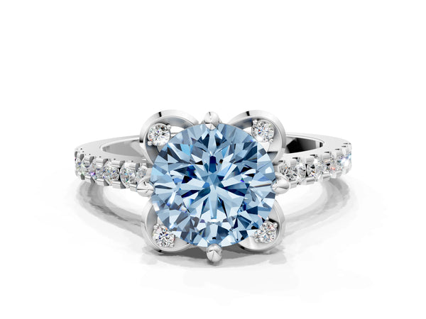 Platinum Round Floral Petal Pave Engagement Ring Setting for Fancy Blue Center