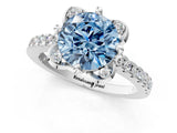 White gold Fancy Blue Round Cut Diamond Ring with Pavé Band and Floral Prong Setting_40