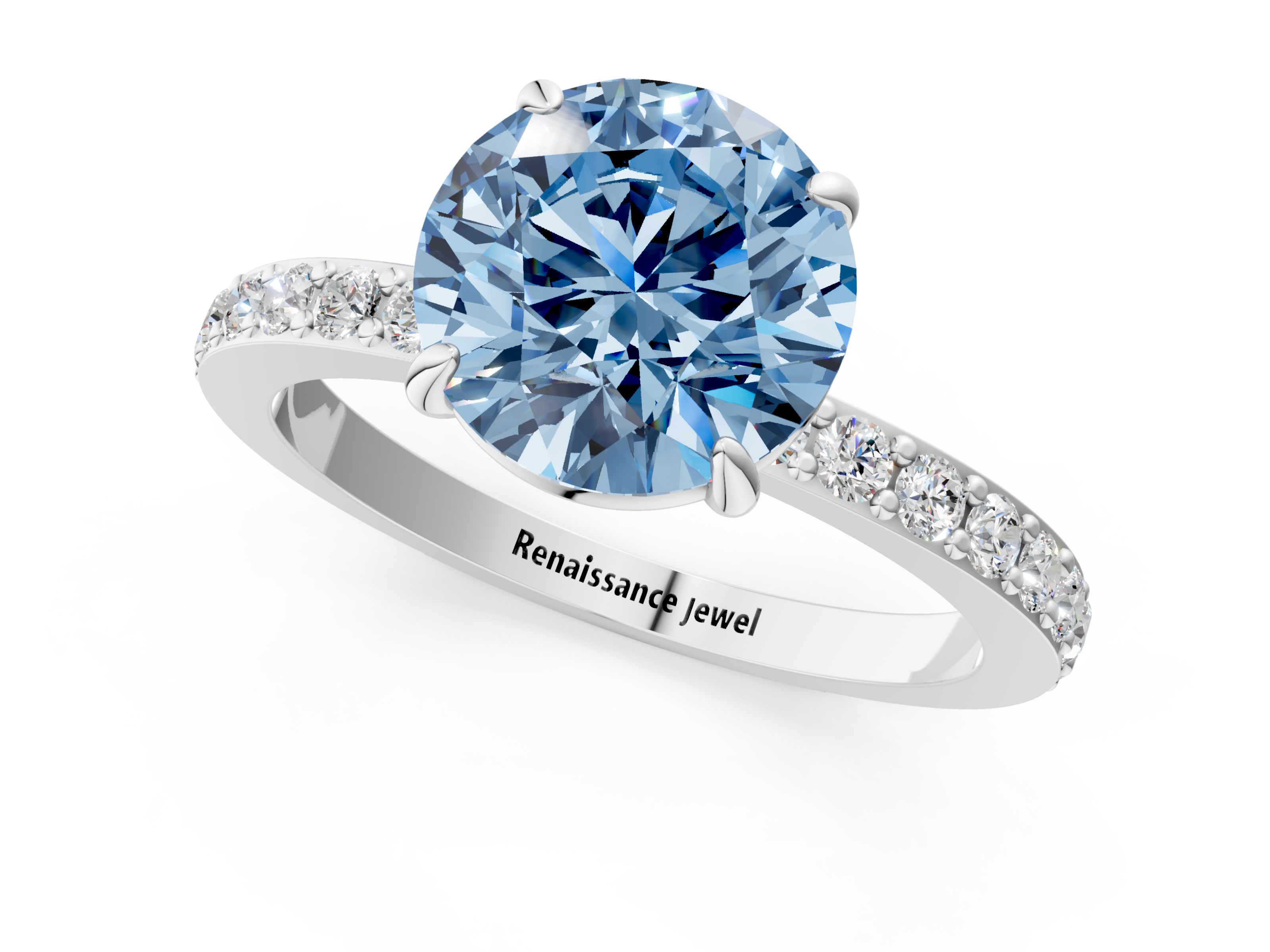 White gold Fancy Blue Round  Cut Diamond Ring with Pavé Band and Four-Prong Setting_33