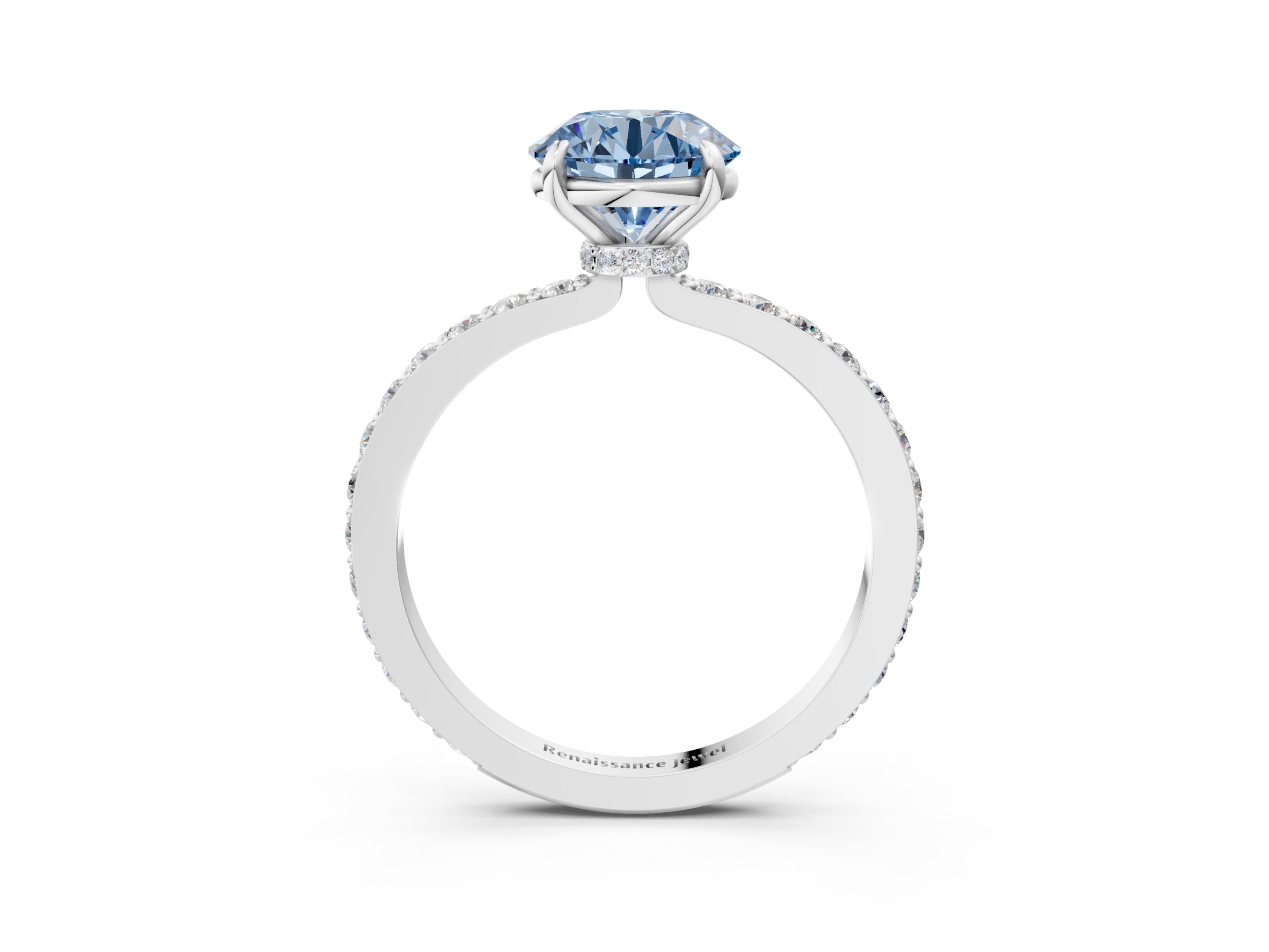 White gold Fancy Blue Round  Cut Diamond Ring with Pavé Band and Four-Prong Setting_35