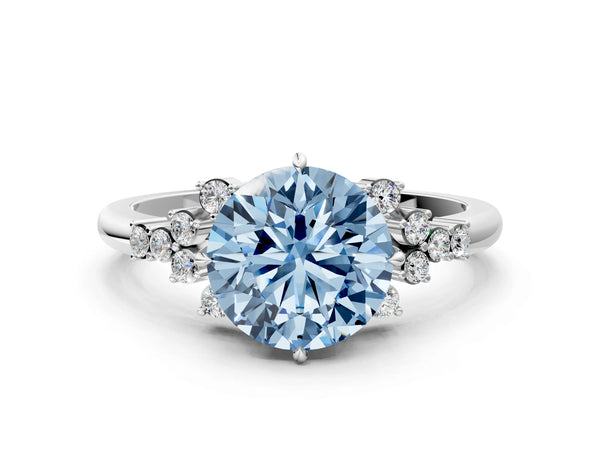 Platinum Fancy Blue Round Cut Diamond Ring with Side Stones and Four-Prong Setting
