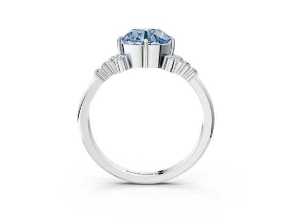 Platinum Fancy Blue Round Cut Diamond Ring with Side Stones and Four-Prong Setting