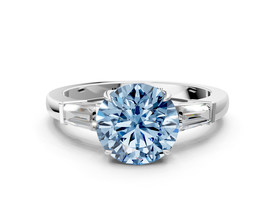 White gold Fancy Blue Round  Cut Diamond Ring with Tapered Baguette Side Stones in Four-Prong Setting_3