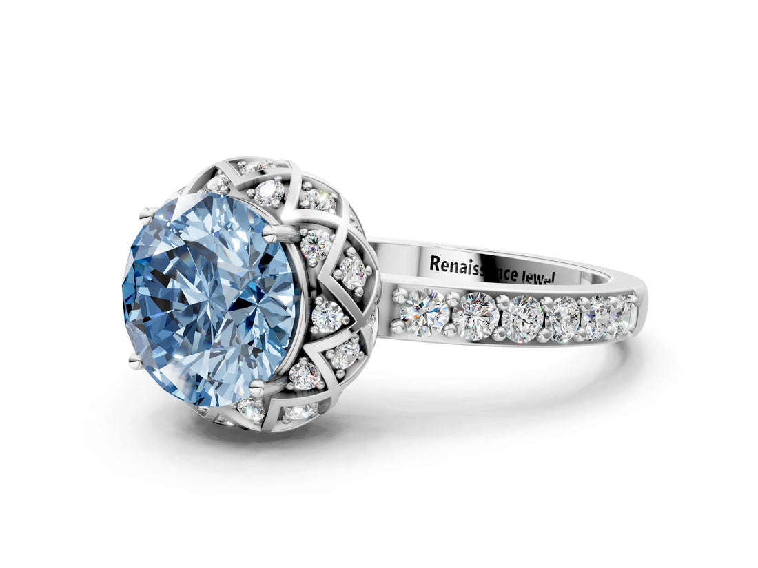 White gold Fancy Blue Round Cut Diamond Scalloped Halo Engagement Ring with Round Shared Prong Band_19