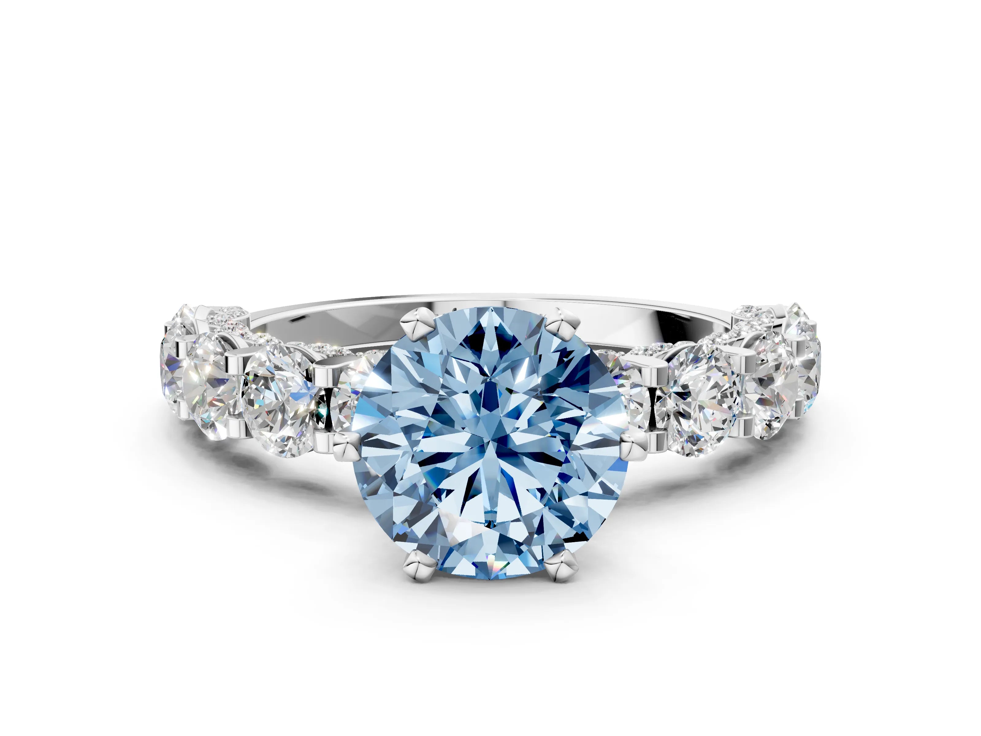 White gold Fancy Blue Round Cut Diamond Side Stone Engagement Ring with Four-Prong Setting_36