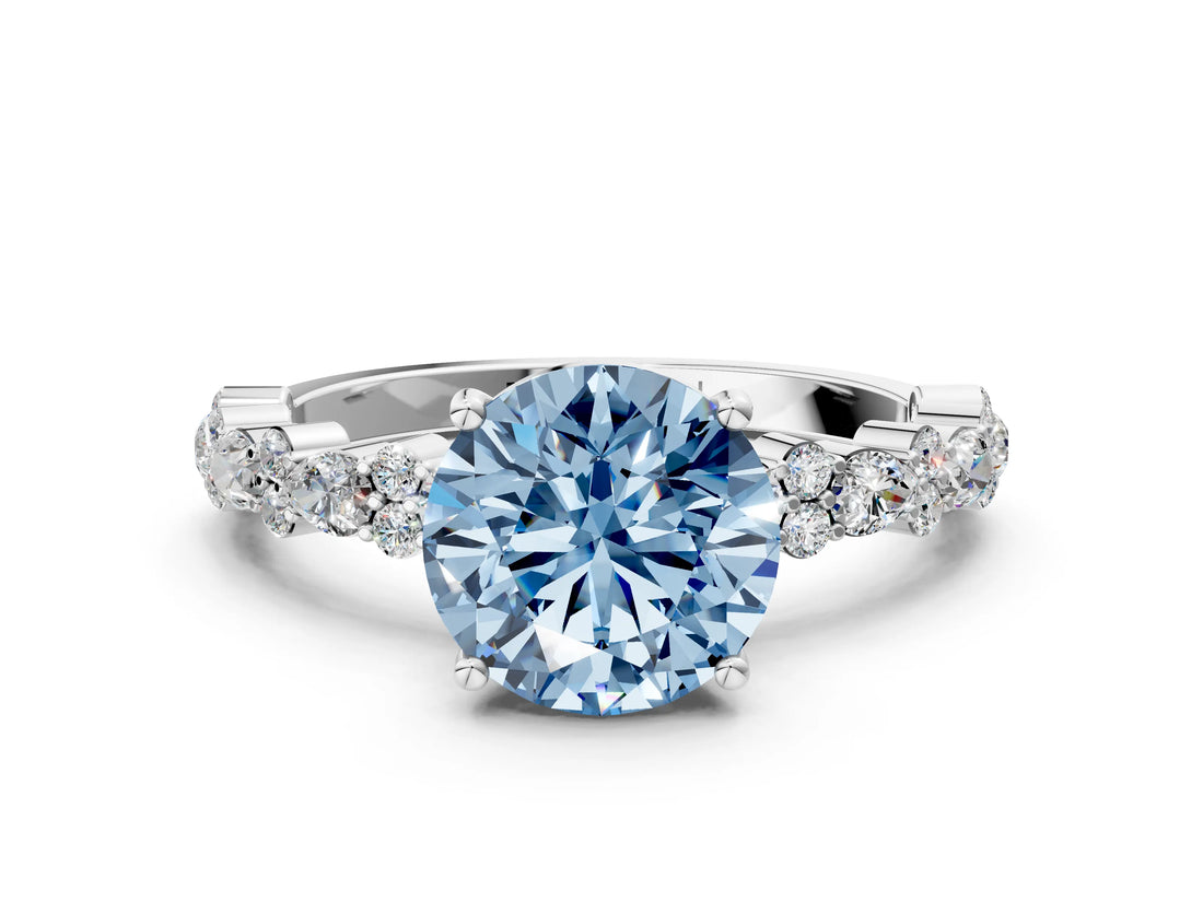 White gold Fancy Blue Round Cut Diamond Side Stone Solitaire Ring with Round  and Four-Prong Setting_12