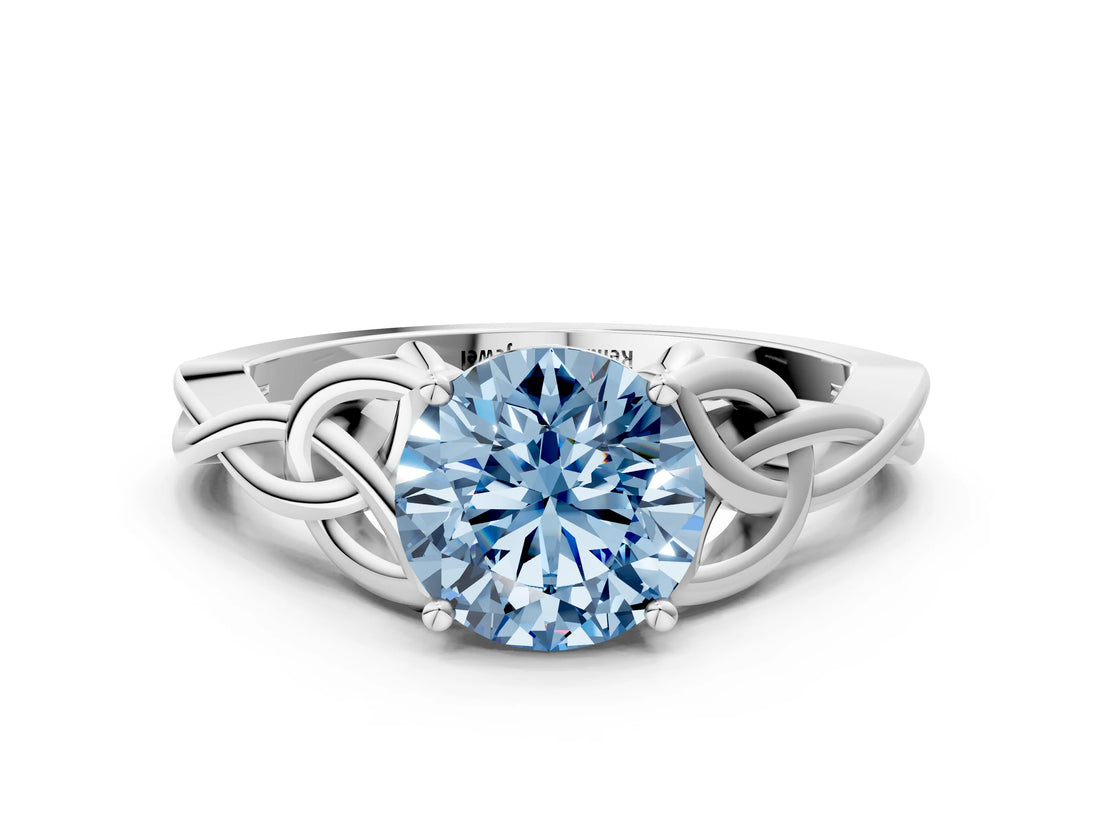 White gold Fancy Blue Round Cut Diamond Solitaire Celtic Knot Ring with Four-Prong Setting_69