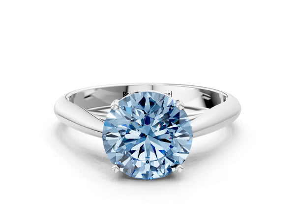 White gold Fancy Blue Round Cut Diamond Solitaire Engagement Ring with Cathedral Setting and Four-Prong Mount