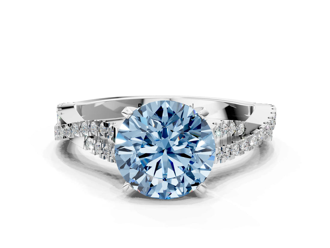 White gold Fancy Blue Round Cut Diamond Solitaire Engagement Ring with Twisted Pavé Band and Four-Prong Setting_150