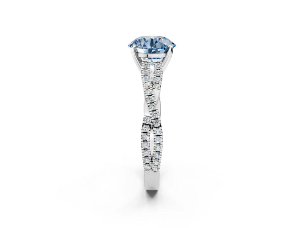 White gold Fancy Blue Round Cut Diamond Solitaire Engagement Ring with Twisted Pavé Band and Four-Prong Setting