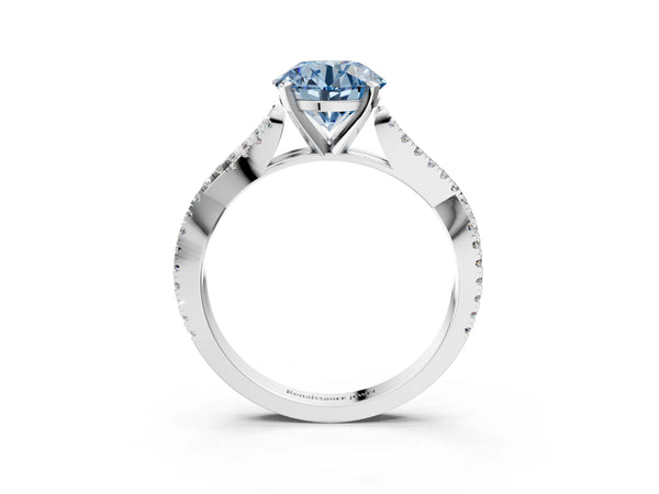 White gold Fancy Blue Round Cut Diamond Solitaire Engagement Ring with Twisted Pavé Band and Four-Prong Setting