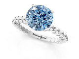 White gold Fancy Blue Round Cut Diamond Solitaire Ring with Beaded Band and Prong Setting_396