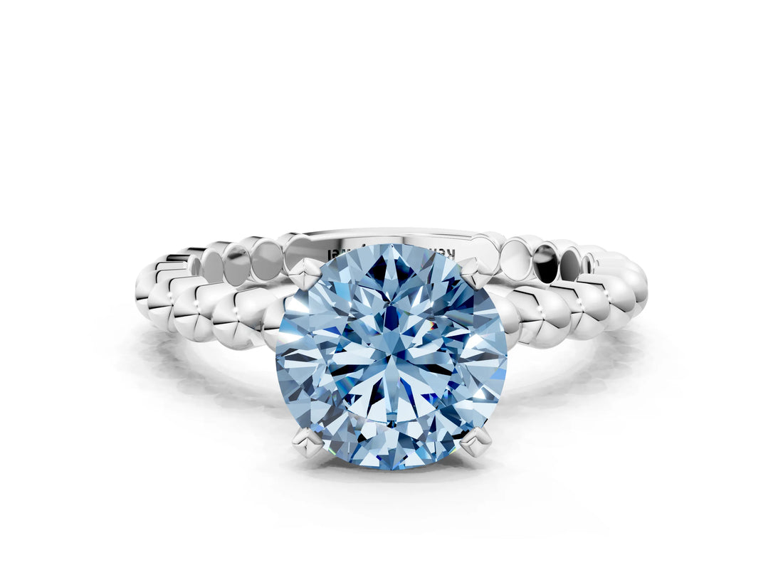White gold Fancy Blue Round Cut Diamond Solitaire Ring with Beaded Band and Prong Setting_397
