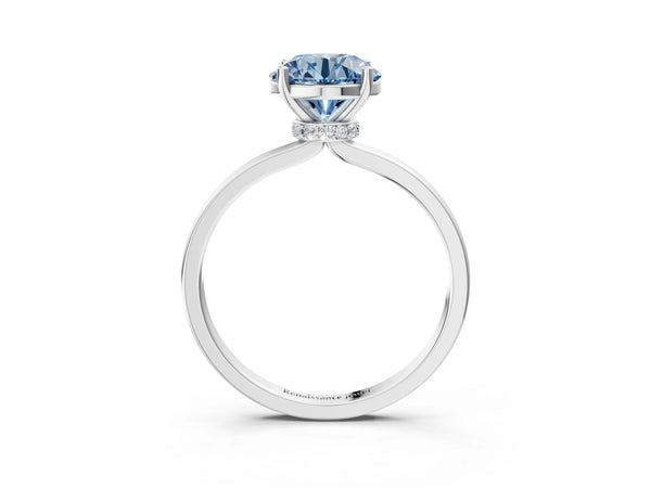 White gold Fancy Blue Round Cut Diamond Solitaire Ring with Classic Band and Four-Prong Setting