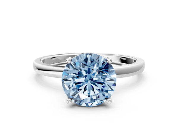 White gold Fancy Blue Round Cut Diamond Solitaire Ring with Classic Band and Four-Prong Setting