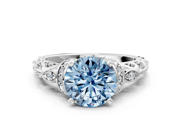 Platinum Fancy Blue Round Cut Diamond Solitaire Ring with Filigree Band and Four-Prong Setting