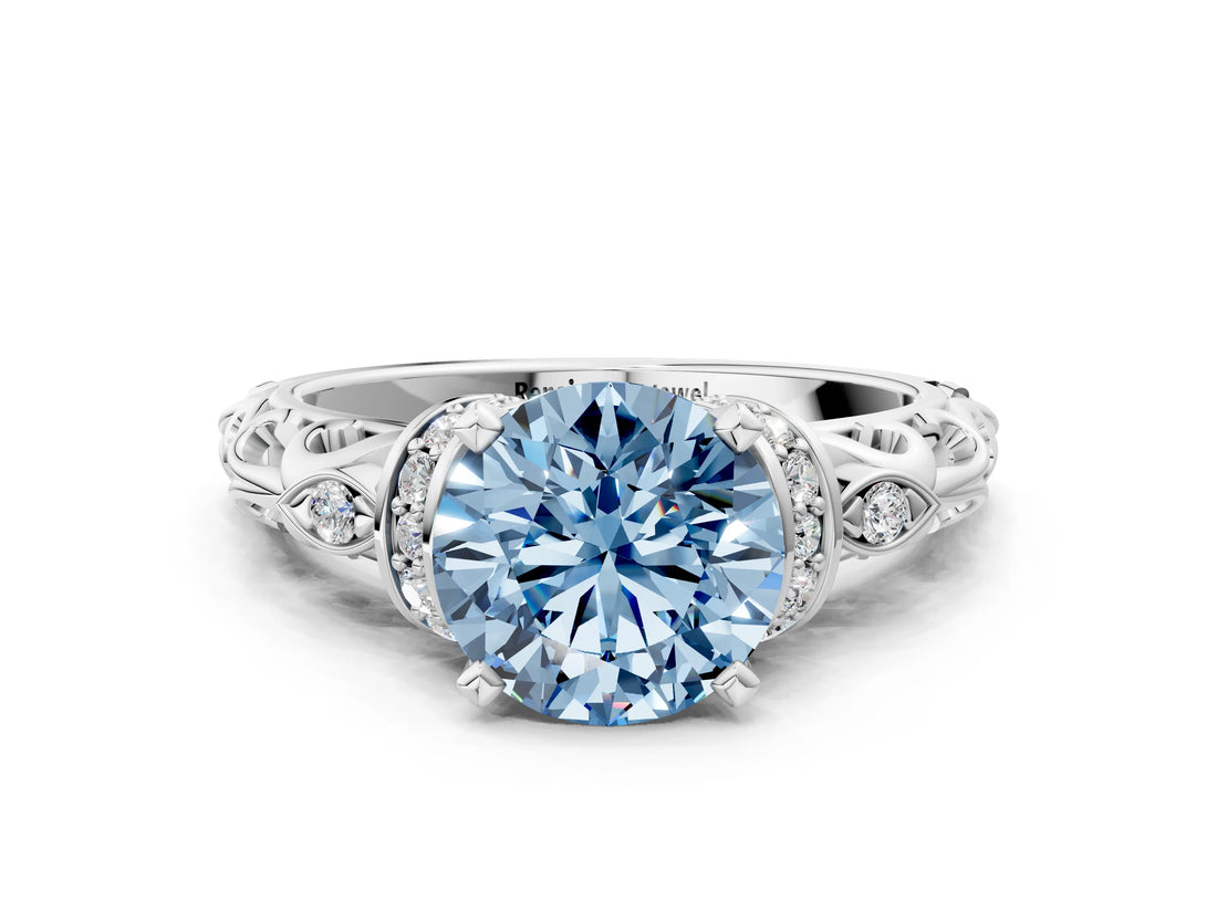 White gold Fancy Blue Round Cut Diamond Solitaire Ring with Filigree Band and Four-Prong Setting_62