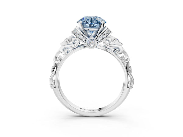 Platinum Fancy Blue Round Cut Diamond Solitaire Ring with Filigree Band and Four-Prong Setting