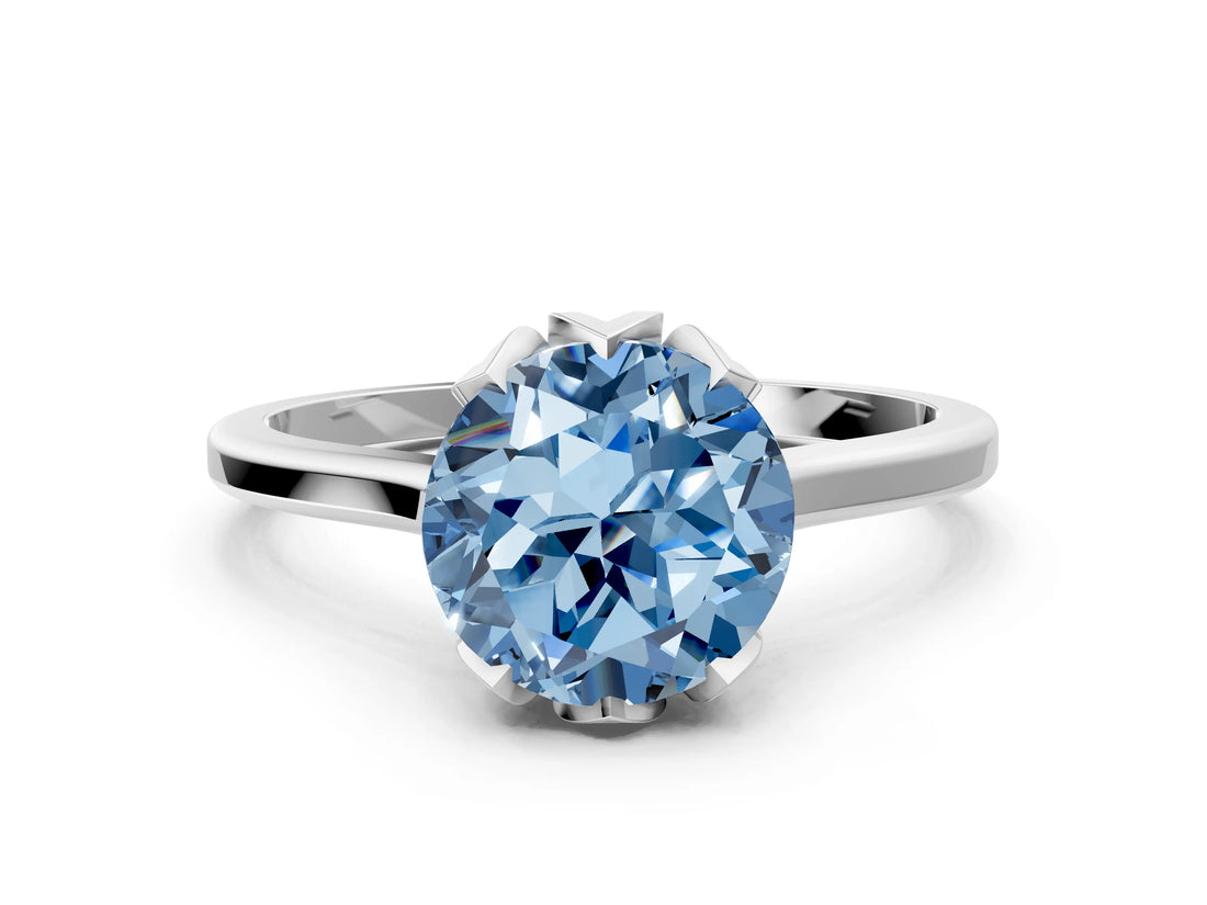 White gold Fancy Blue Round Cut Diamond Solitaire Ring with Flower Prong Setting and Classic Band_152