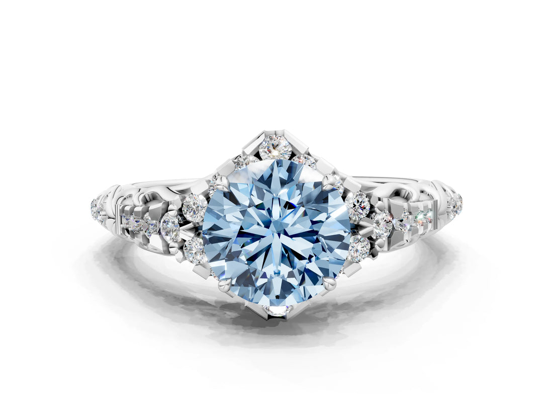 White gold Fancy Blue Round Cut Diamond Solitaire Ring with Hidden Halo and Pavé Band_39