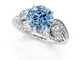 White gold Fancy Blue Round Cut Diamond Solitaire Ring with Milgrain Pavé Band and Four-Prong Setting_227