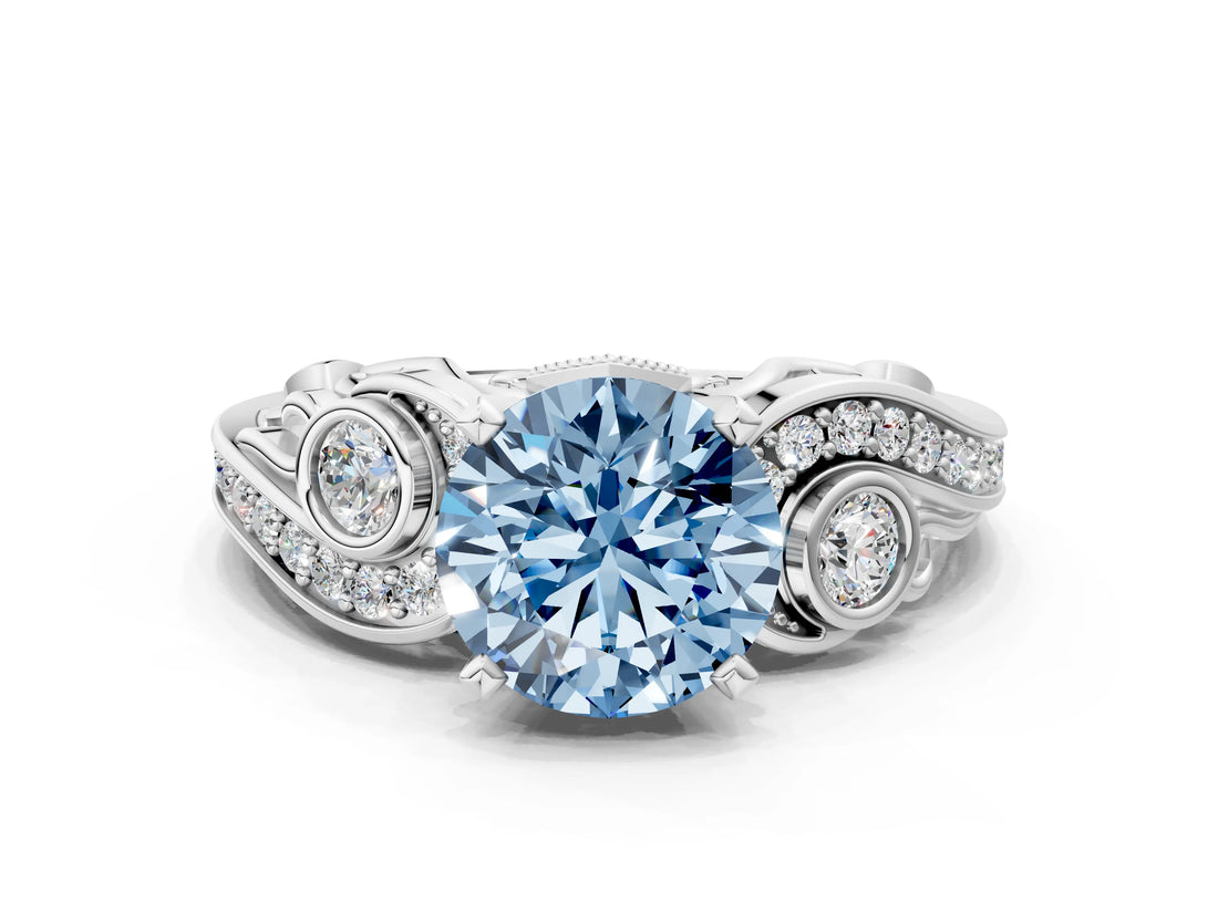 White gold Fancy Blue Round Cut Diamond Solitaire Ring with Milgrain Pavé Band and Four-Prong Setting_227