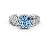 White gold Fancy Blue Round Cut Diamond Solitaire Ring with Milgrain Pavé Band and Four-Prong Setting_227