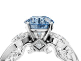 White gold Fancy Blue Round Cut Diamond Solitaire Ring with Milgrain Pavé Band and Four-Prong Setting_230
