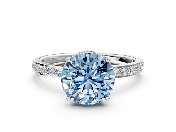 Platinum Fancy Blue Round Cut Diamond Solitaire Ring with Pavé Band and Hidden Halo