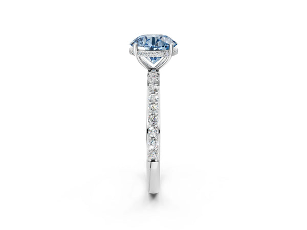 Platinum Fancy Blue Round Cut Diamond Solitaire Ring with Pavé Band and Hidden Halo