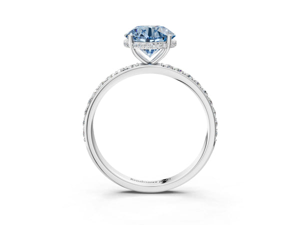 Platinum Fancy Blue Round Cut Diamond Solitaire Ring with Pavé Band and Hidden Halo