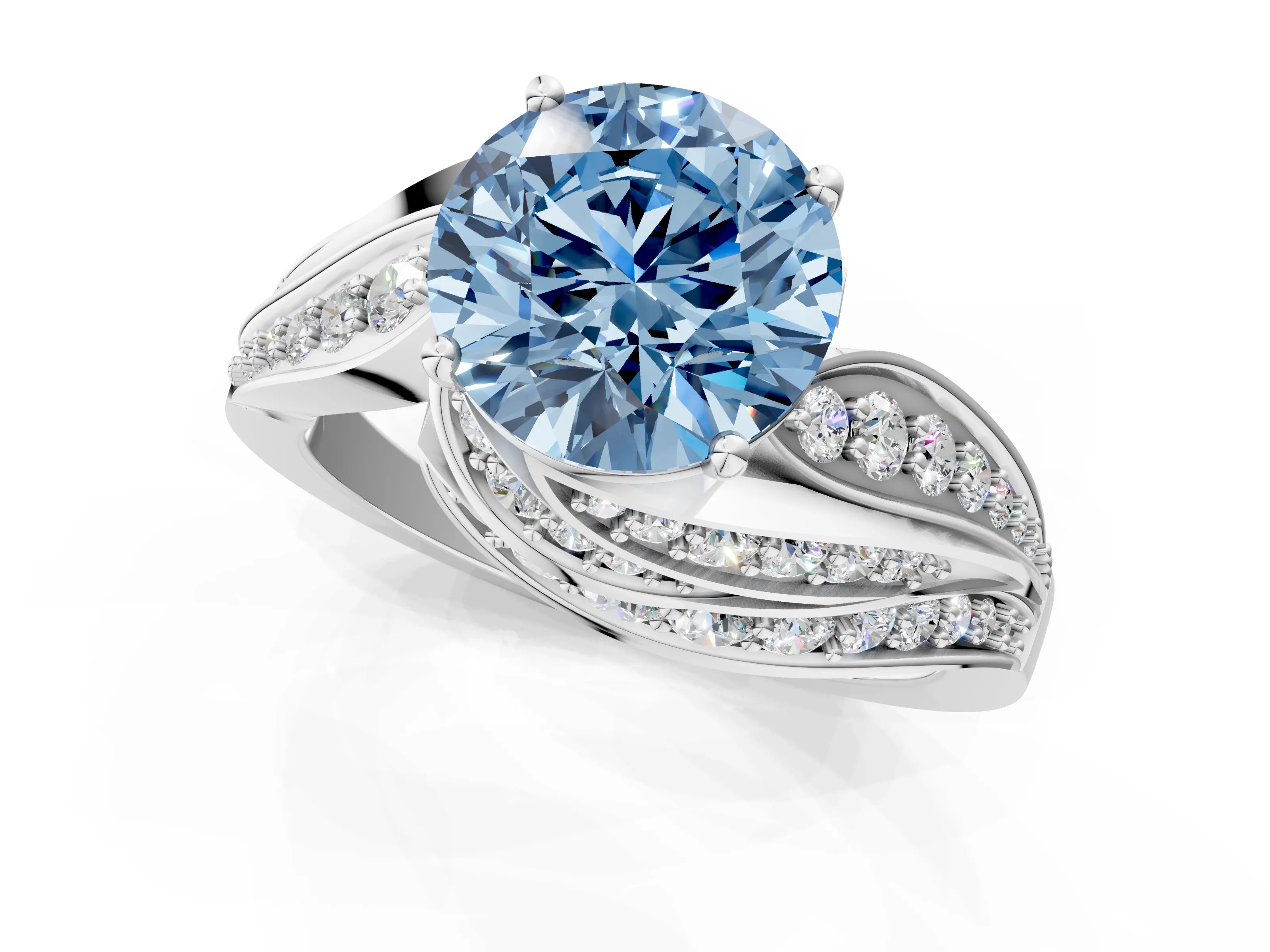 White gold Fancy Blue Round Cut Diamond Solitaire Ring with Prong Setting and Twisted Pavé Band_1