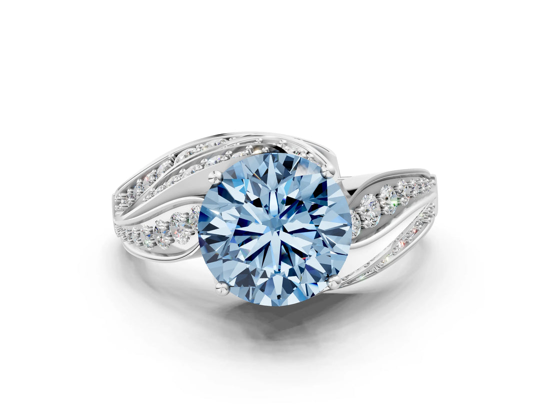 White gold Fancy Blue Round Cut Diamond Solitaire Ring with Prong Setting and Twisted Pavé Band_12