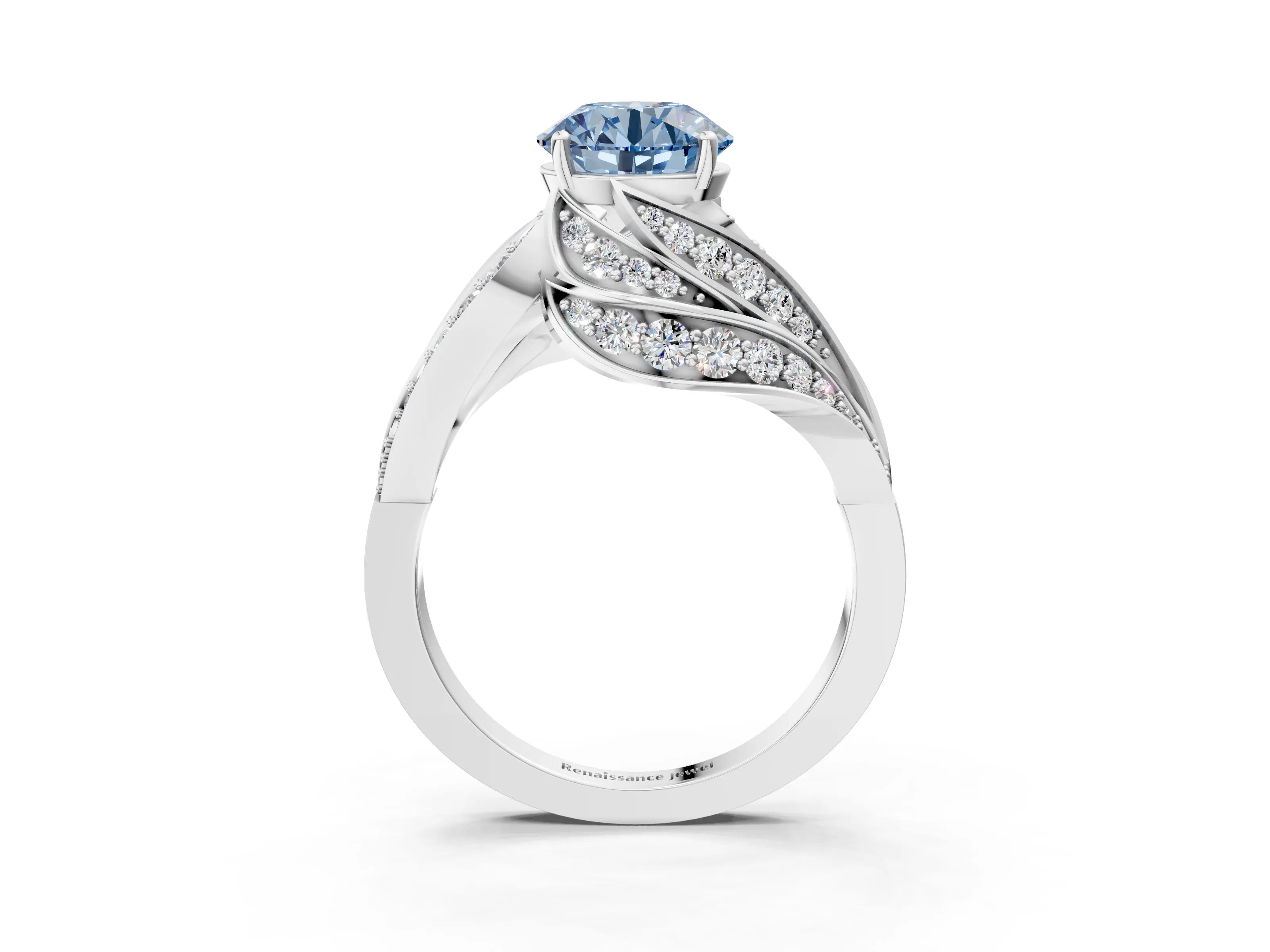 White gold Fancy Blue Round Cut Diamond Solitaire Ring with Prong Setting and Twisted Pavé Band_15