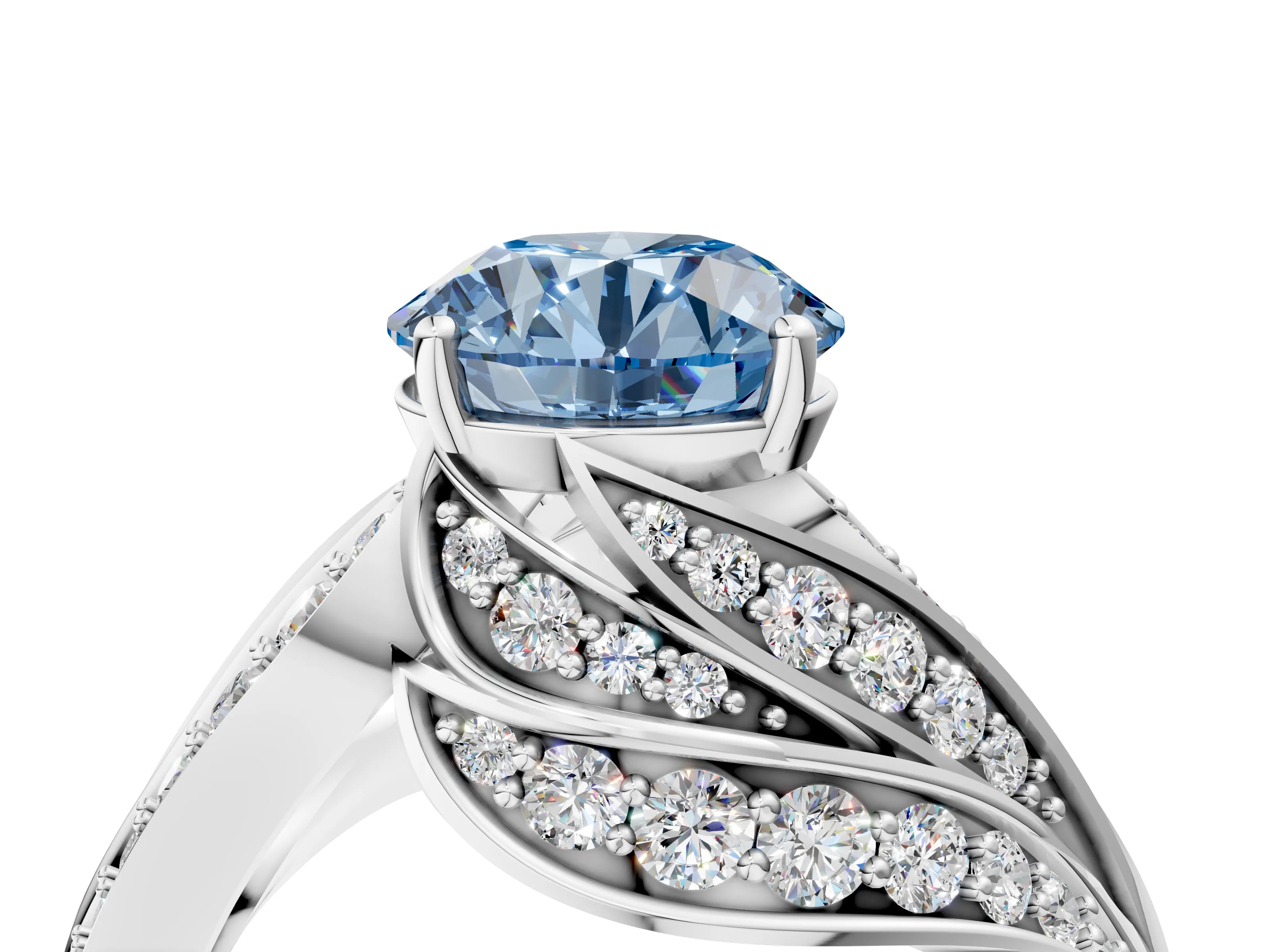 White gold Fancy Blue Round Cut Diamond Solitaire Ring with Prong Setting and Twisted Pavé Band_16