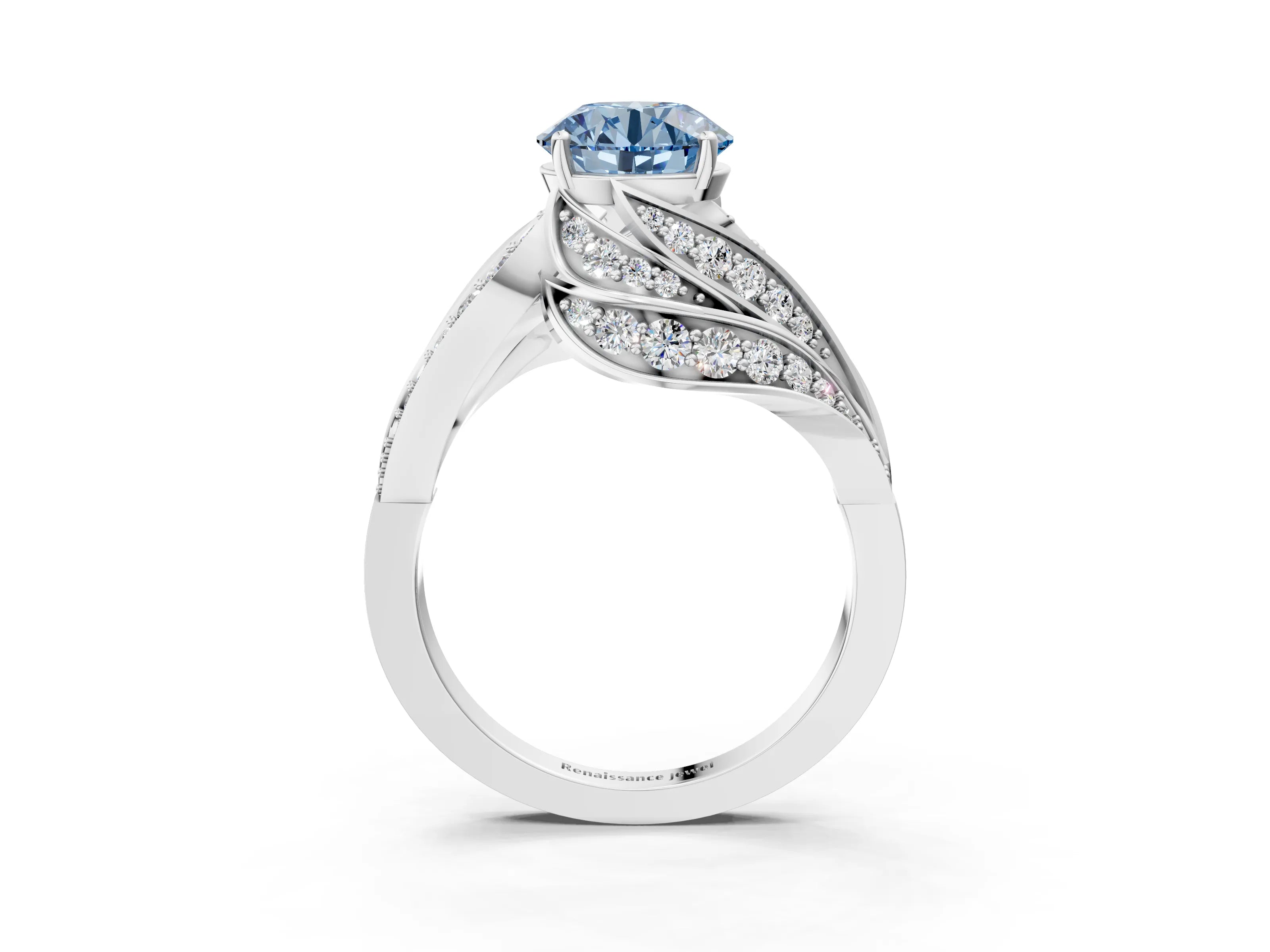 White gold Fancy Blue Round Cut Diamond Solitaire Ring with Prong Setting and Twisted Pavé Band_3