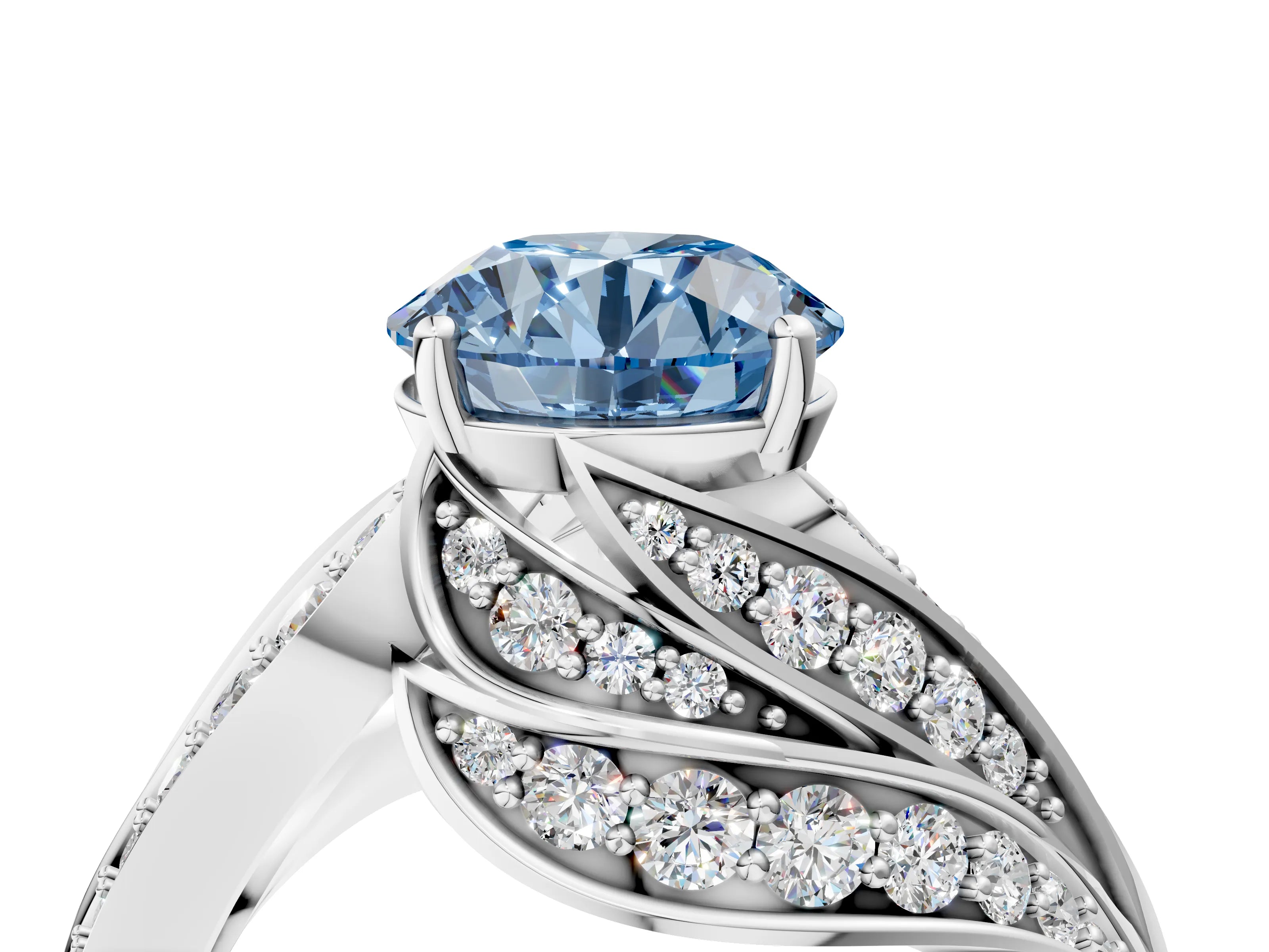 White gold Fancy Blue Round Cut Diamond Solitaire Ring with Prong Setting and Twisted Pavé Band_4