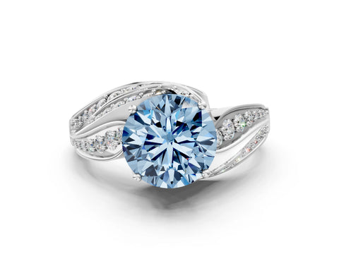 White gold Fancy Blue Round Cut Diamond Solitaire Ring with Prong Setting and Twisted Pavé Band