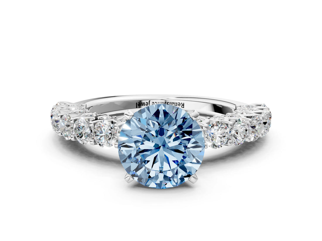 White gold Fancy Blue Round Cut Diamond Solitaire Ring with Shared Prong Pavé Band and Four-Prong Setting_71