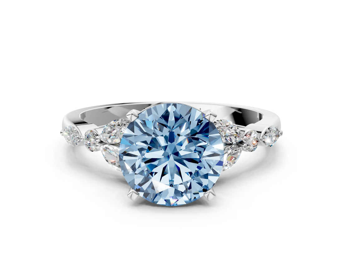 White gold Fancy Blue Round Cut Diamond Solitaire Ring with Side Stones and Four-Prong Setting_49