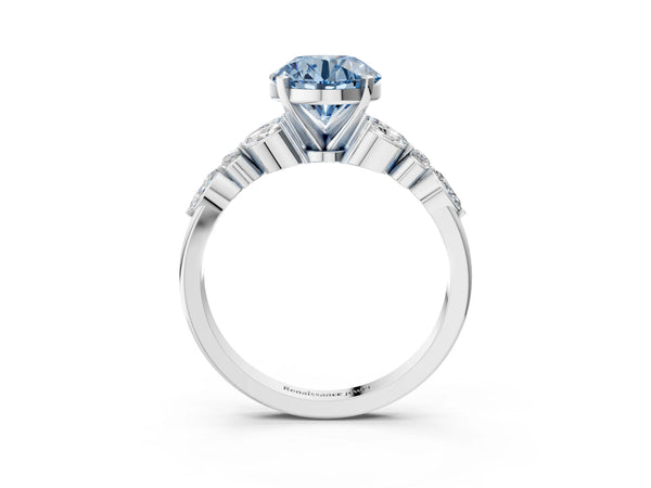 White gold Fancy Blue Round Cut Diamond Solitaire Ring with Side Stones and Four-Prong Setting