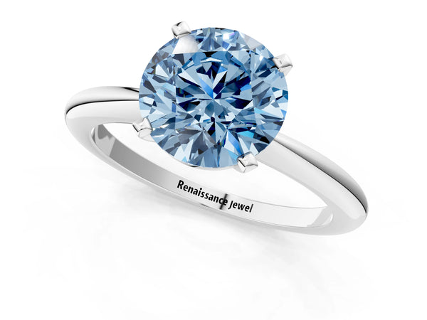 Platinum Fancy Blue Round Cut Diamond Solitaire Ring with Six-Prong Setting and Classic Band
