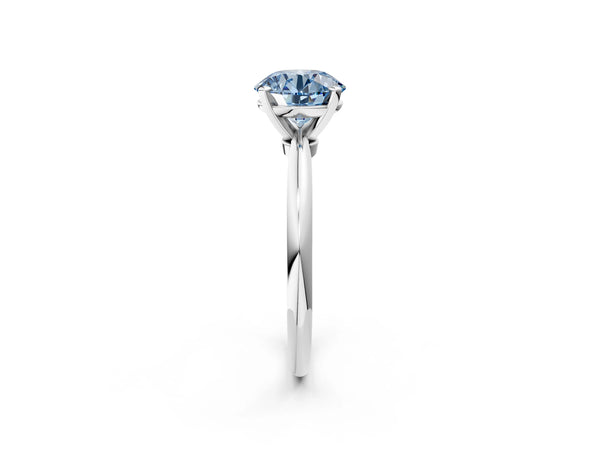 Platinum Fancy Blue Round Cut Diamond Solitaire Ring with Six-Prong Setting and Classic Band
