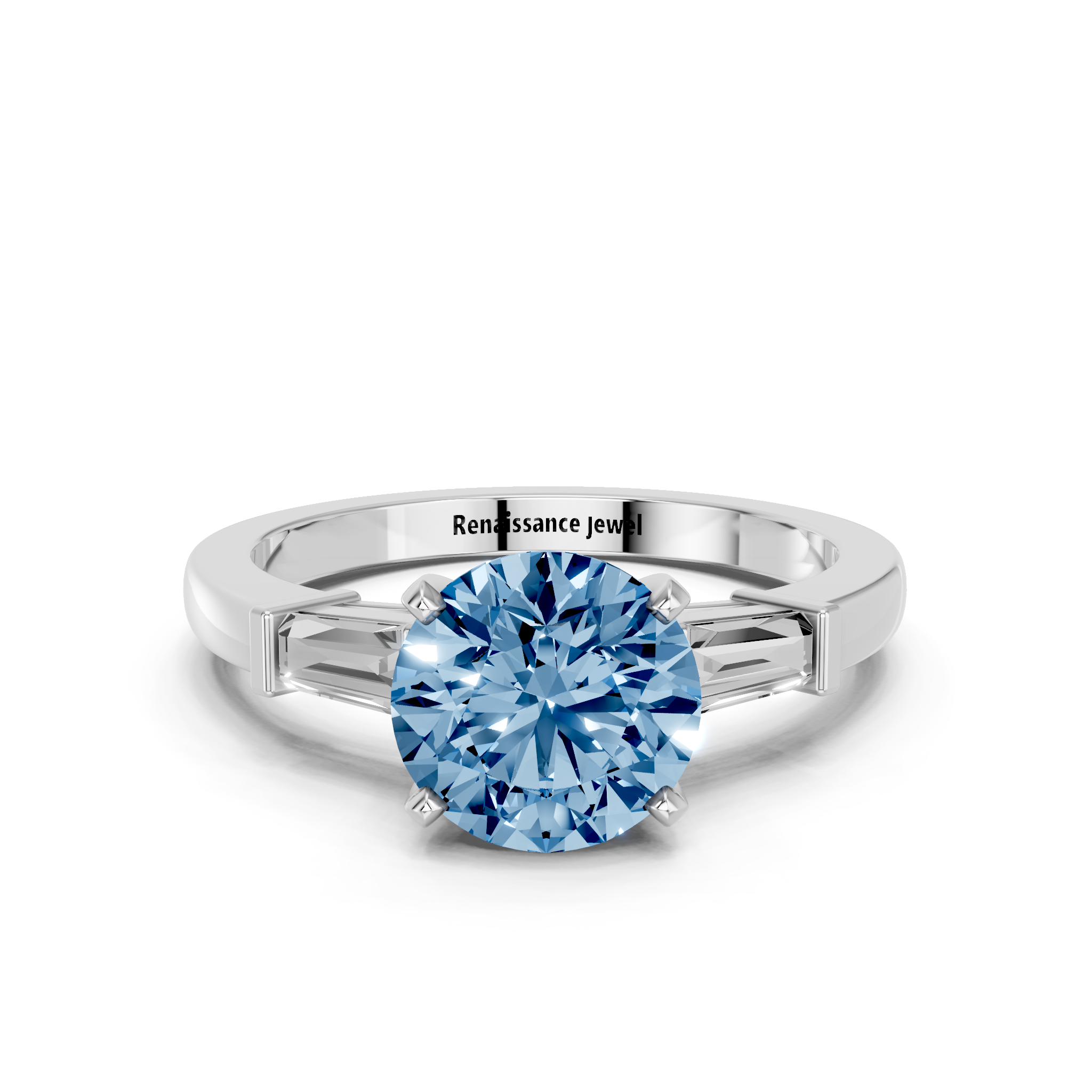 White gold Fancy Blue Round  Cut Diamond Solitaire Ring with Tapered Baguette Accents and Four-Prong Setting_2