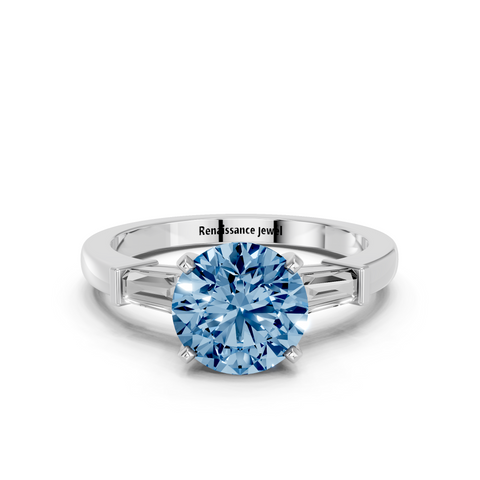 White gold Fancy Blue Round  Cut Diamond Solitaire Ring with Tapered Baguette Accents and Four-Prong Setting_2